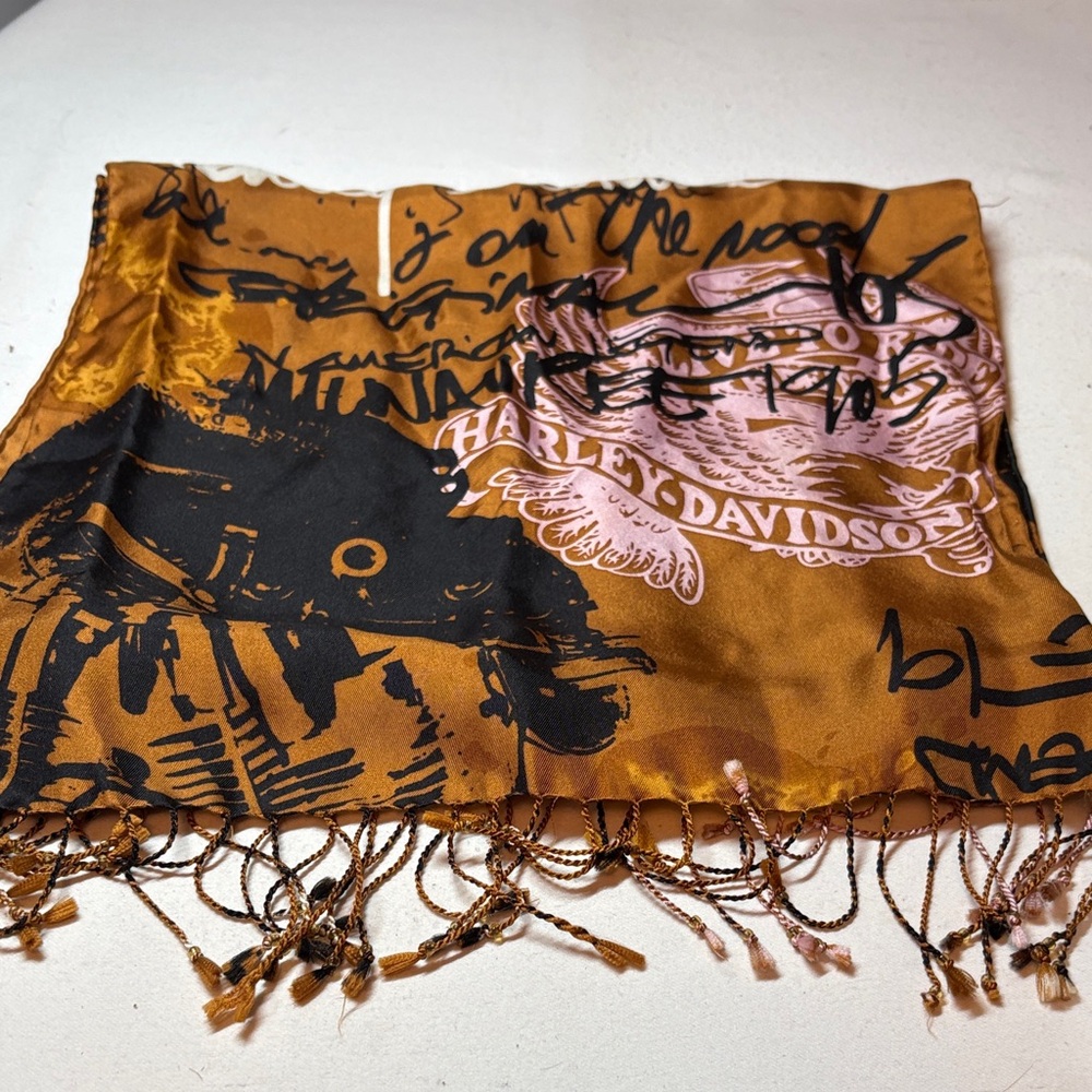 Harley Davidson Bronze and Black Silk Rolled Hem Scarf 20” x 12”